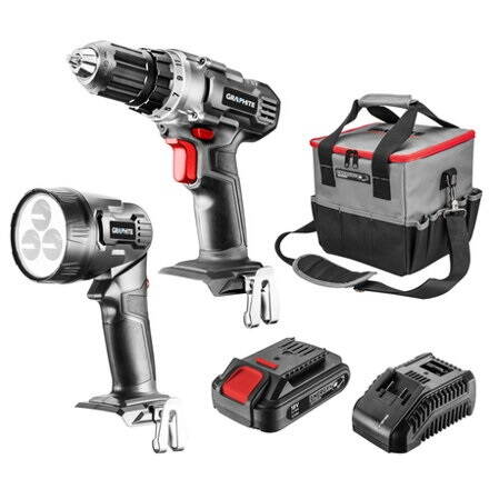 STARTOVACÍ SET GRAPHITE - aku vrtačka, svítilna, taška, baterie Energy+ 18V, Li-Ion 2.0Ah, nabíječka 